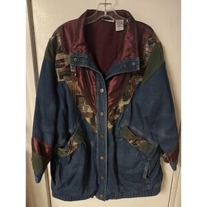 Vintage‎ 90's Blair Patchwork Denim Jacket XL Southwestern Tapestry Western Coat